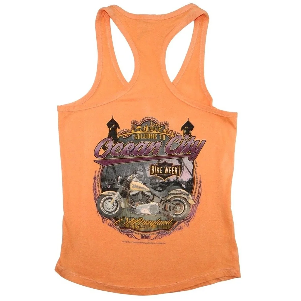 Ocean City Bike‎ Week 2018 Orange Tank Top Women's Large Racerback Graphic Tee